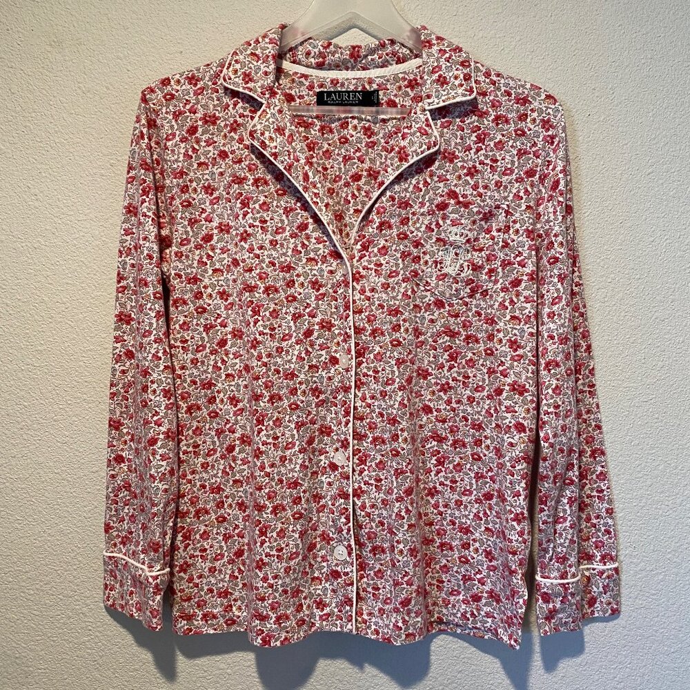 Lauren Ralph Lauren Red Floral Pajama Top Size Small Cotton‎ Blend